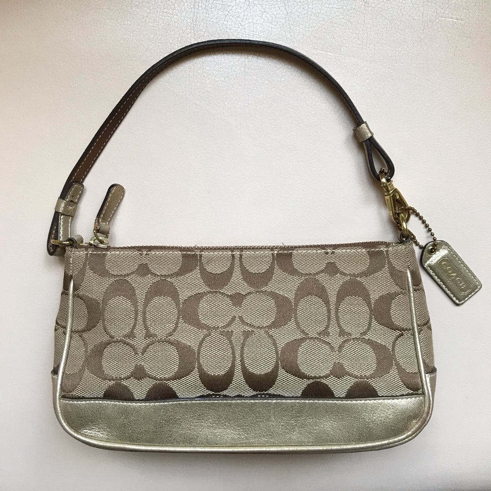 Vintage Coach Gold Metallic Monogram Fabric Shoulder Bag